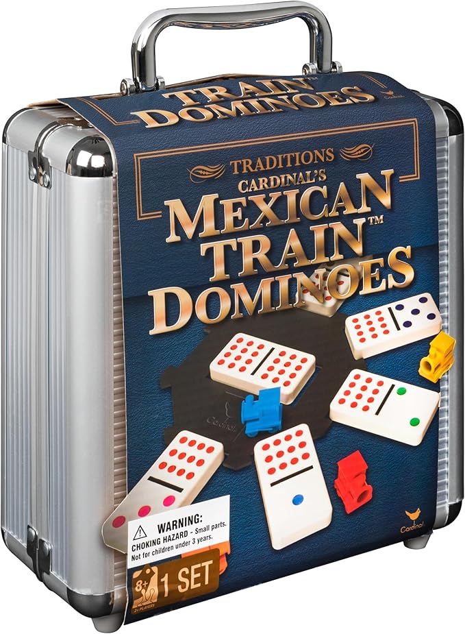 Spin Master Games, Mexican Train Dominoes Set in Aluminum Carry Case, Includes Colorful Trains for Fun-Filled Family Game Night, for Kids & Family, 2-8 Players, for Ages 8 & Up