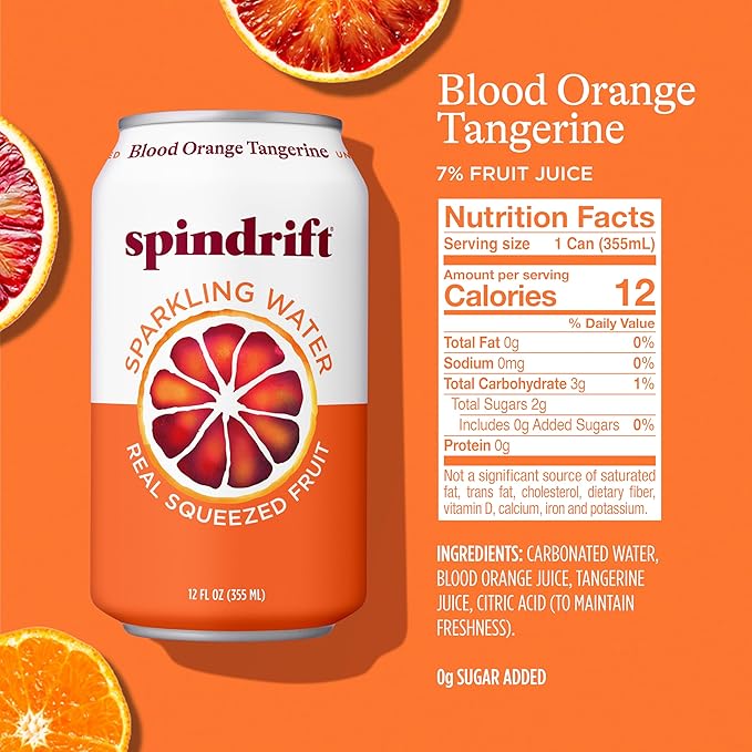 Spindrift Sparkling Water, Blood Orange Tangerine Flavored, Made with Real Squeezed Fruit, 12 Fl Oz Cans, Pack of 24 (Only 12 Calories per Can)
