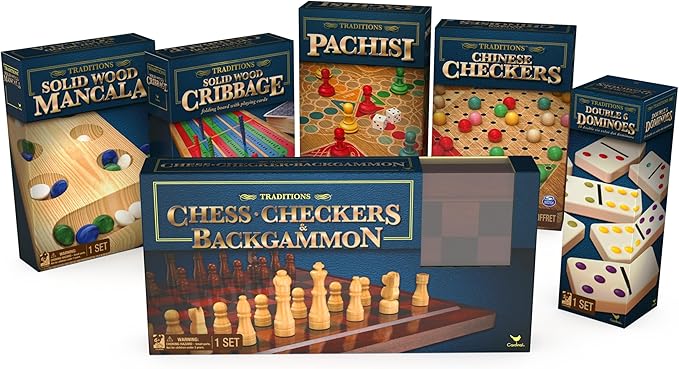 Spin Master Games, 6-Pack Family Bundle of Classic Board Games - Mancala, Pachisi, Chinese Checkers, Cribbage, Dominoes, & Chess, Checkers, Backgammon, for 2-4 Players for Ages 6 & Up