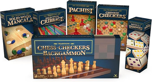 Spin Master Games, 6-Pack Family Bundle of Classic Board Games - Mancala, Pachisi, Chinese Checkers, Cribbage, Dominoes, & Chess, Checkers, Backgammon, for 2-4 Players for Ages 6 & Up