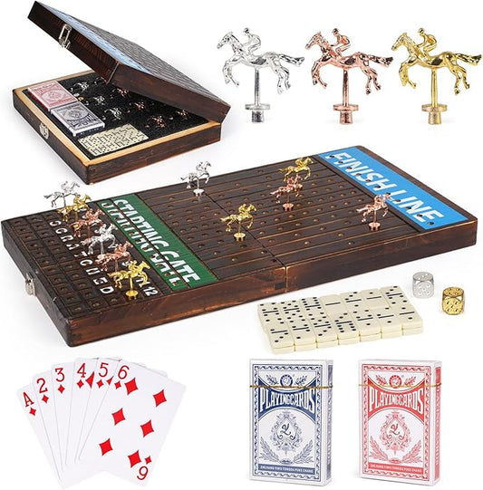 Deluxe Folding Horse Racing Board Game Set with Metal Horses, Foldable Board, Metal Dice, Domino Set, and Card Game – Premium Family Strategy Board Game for Parties, Travel, and Game Night