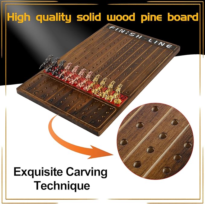 Horse Race Board Game Racing Game Thickened Solid Wood with 11 Luxurious Durable Classic Metal Horses with 2 Dice and 2 Boxes of Cards Horse Racing Game (Rustic Brown, Rectangle)