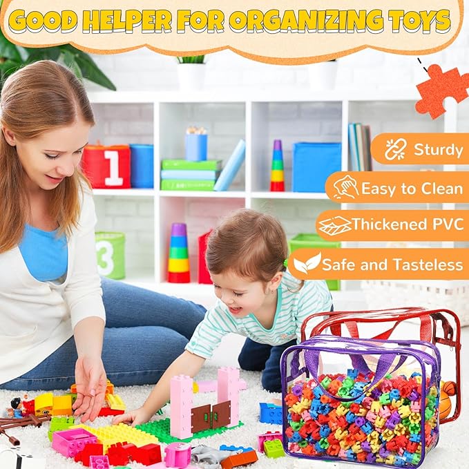 Sanwuta 4 Packs Large Toy Storage Bags Reusable Clear PVC Organizing Case Bags with Two Handles Waterproof Toy Container for Board Games, Building Blocks, Puzzles, Small Toys and Kids Books(Vivid)