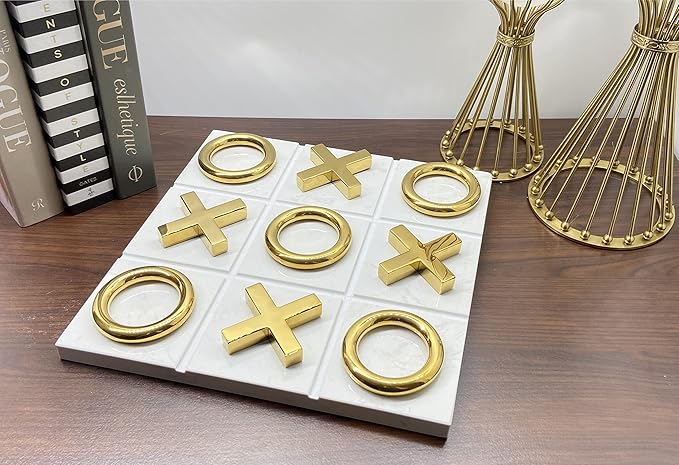 Marble Tic Tac Toe Game for Living Room Decor Centerpiece White and Gold XO with White Marble and Gold Color Stainless Steel Decorative Table Top X/O Board Coffee Table Décor