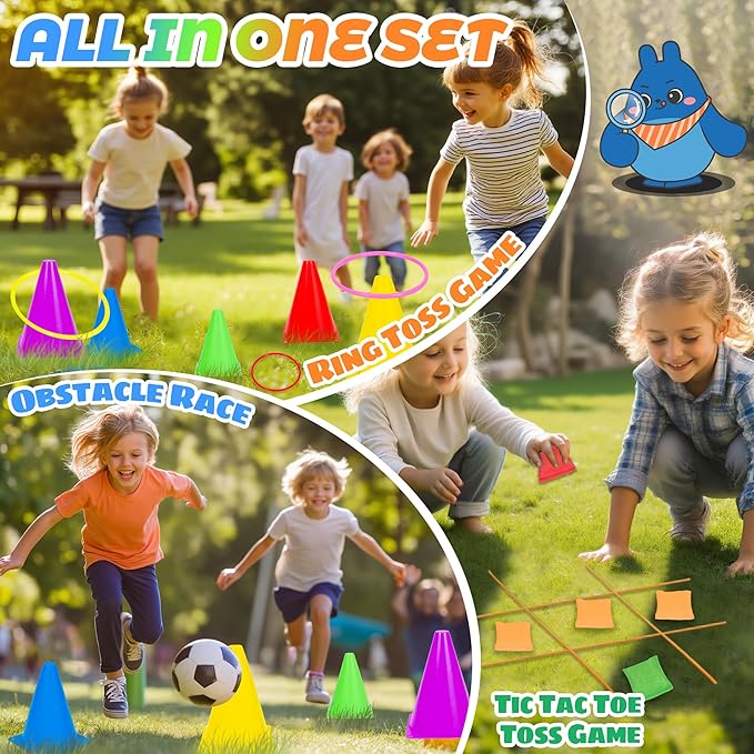 50PCS 6-in-1 Carnival Outdoor Game Combo for Kids, Foam Pogo Jumper, Giant Tic Tac Toe, Soft Plastic Cones Bean Bags Ring Toss Game, Perfect for Birthday Parties, Family Reunions, Field Days Yard Play