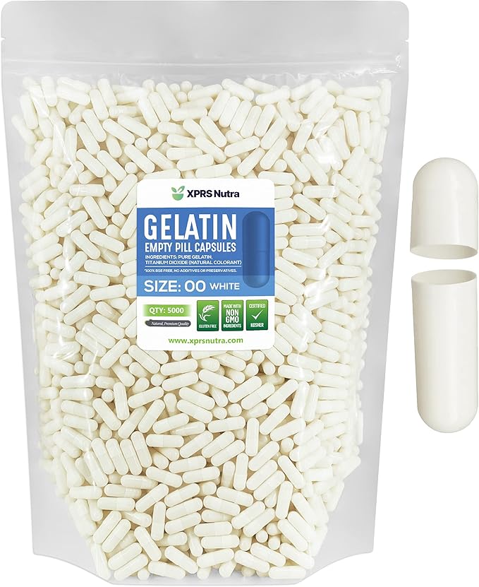 XPRS Nutra Size 00 Empty Capsules - 5000 Count Empty Gelatin Capsules - Pills DIY Capsule Filling - Fillable Pill Gel Caps for DIY Supplements (White)