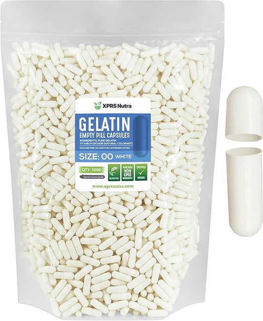 XPRS Nutra Size 00 Empty Capsules - 5000 Count Empty Gelatin Capsules - Pills DIY Capsule Filling - Fillable Pill Gel Caps for DIY Supplements (White)