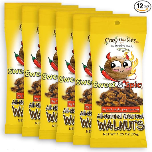 Crazy Go Nuts Walnuts Sweet & Spicy - Glazed Walnuts, Healthy Snacks, Vegan, Gluten Free, Superfood-Natural, Non-GMO, ALA, Omega 3 Fatty Acids, Good Fats, and Antioxidants - 1.25 Oz, 6-Pack