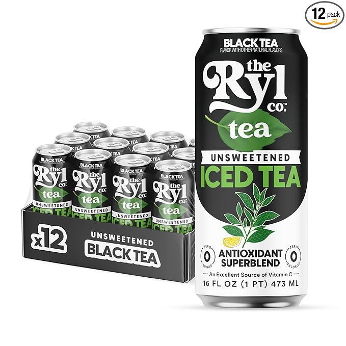 Ryl Unsweetened Black Iced Tea – Antioxidant Superblend, No Artificial Ingredients, Zero Sugar, Zero Calorie, Low Carb, Non-GMO, Kosher, Gluten Free, Made in the USA, 12-Pack, 16 Fl Oz