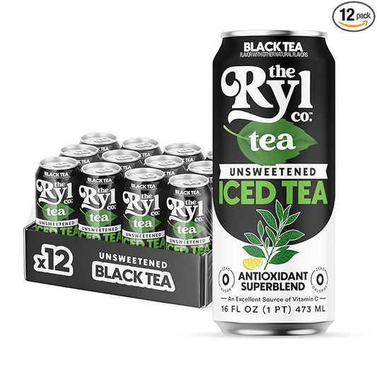 Ryl Unsweetened Black Iced Tea – Antioxidant Superblend, No Artificial Ingredients, Zero Sugar, Zero Calorie, Low Carb, Non-GMO, Kosher, Gluten Free, Made in the USA, 12-Pack, 16 Fl Oz