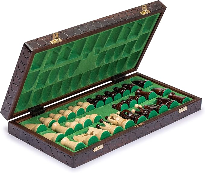 Husaria European International Chess Wooden Game Set, King's Classic - 18-Inch Large Size Chess Set - Folding Board with Felt Bottom Chessmen