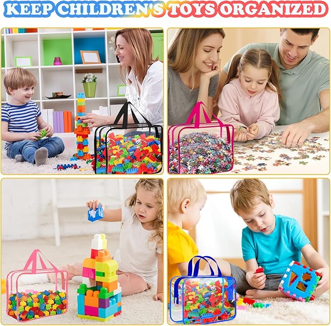 AOBOPLE 6 Pack Toy Storage Bags with Zipper, Reusable Clear Toy Organizer Bags with Labels PVC Board Game Storage for Travel Organizer Building Blocks, Puzzle,6 Colors (11.8x8.7x3.9in)