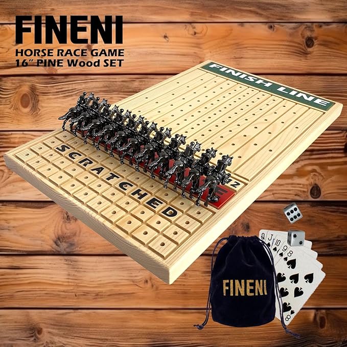 Horse Racing Game for Adults, Luxurious Metal Horses (Black) on 16' Pine Wood Board, Dice & Card Included