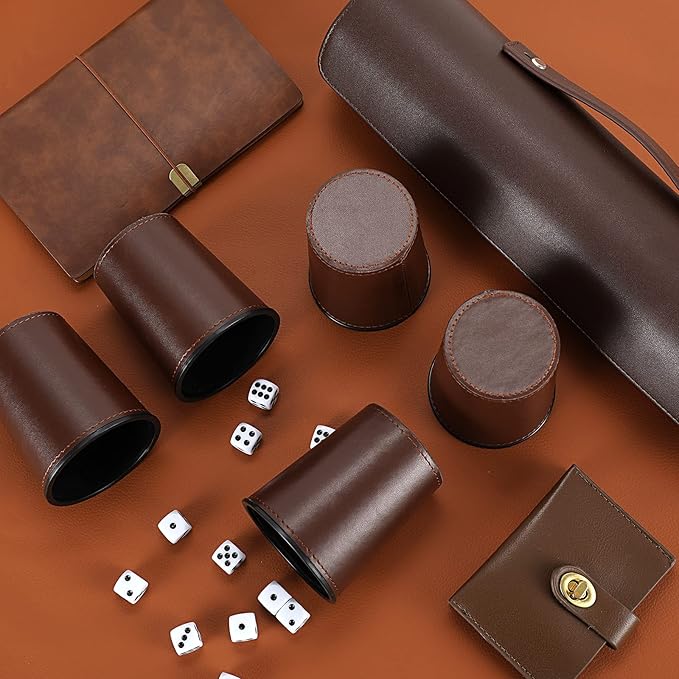 2 Set Leather Dice Cup Set, 10x Dice Cups + 50 Dice + Exclusive Storage and Transport Case Made of Faux (2 Pack Brown)