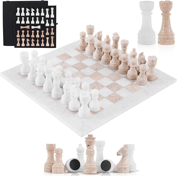 Marble Chess Set 15 Inch White & Travertine Checkers Board Game with Pieces, 2 Extra Queens and Storage Box, Strategy Set for Adults & Family, Travel, Tabletop Play