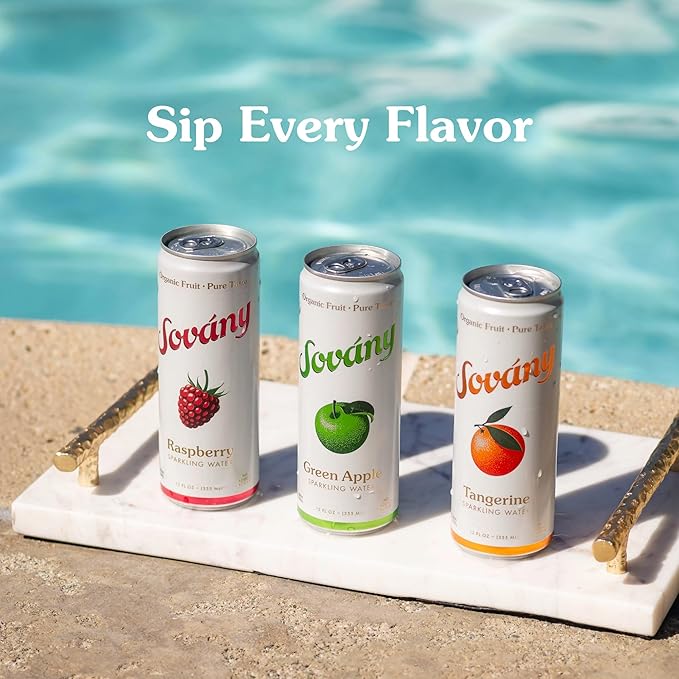 Sovány Sparkling Water, Raspberry, Seltzer Water Drinks, USDA Organic, Made With Real Fruit, Non-GMO, Vegan, No Added Sugar, Low Calorie, 12 fl oz, 12 Pack