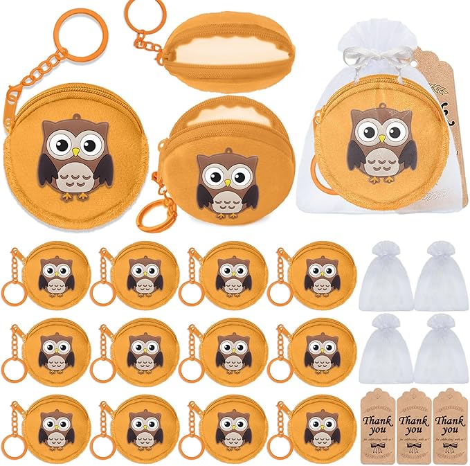 36 Pack Owl Change Purses Set Include 12 Wallets with Keyring,12 Thank You Tags and 12 Organza Bags for Woodland Forest Animals Party,Thanksgiving,Baby Shower,Birthday Party, Khaki