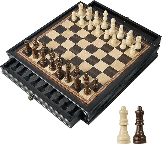 12.5’’ Wooden Chess Set, Magnetic Chess Pieces with 2 Built-in Storage Drawers - Chess Broad Game for Beginner, Kids, Adults - 2 Bonus Extra Queens