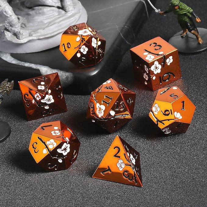 Orange Metal Dice D&D, DNDND 7 PCS Heavy Metallic DND Dice Set with Gorgeous Gift Case for Dungeons and Dragon Tabletop Game (Orange with White Flowers)