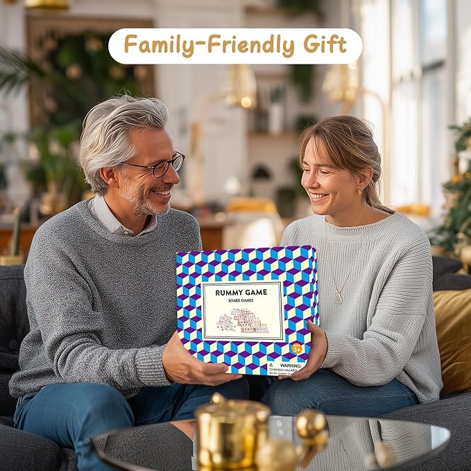 Classic Rummy Tiles & Cube Game Set with 106 Large-Number Tiles, 4 Wooden Racks & Dice - Family Board Games for Adults & Kids, Rummy Tile Games for 2-4 Players, Funny Night Game