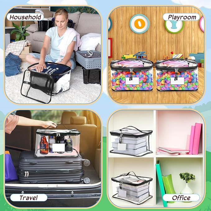 Aliceset 8 Pack 13.5 inch Extra Large Clear Toy Storage Bag with Name Tag Pocket Reusable Clear PVC Board Game Storage Travel Waterproof Bags with Zipper for Building Blocks Puzzle Books