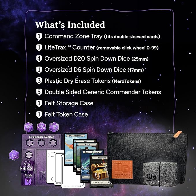 NERD GEAR Commander Essentials Kit - Ultimate Accessory for MTG Commander EDH - MTG Command Zone Tray - Health Counter - Spin Down Dice - Dry Erase Tokens (Mystic Purple)