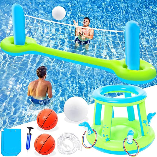 Jasonwell Pool Toys Games Set - 3 in 1 Pool Volleyball Net Basketball Hoop Ring Toss Game Inflatable Floats Water Floating Volleyball Swimming Pools Party Game Accessories Toy Gift Kids Teens Adults