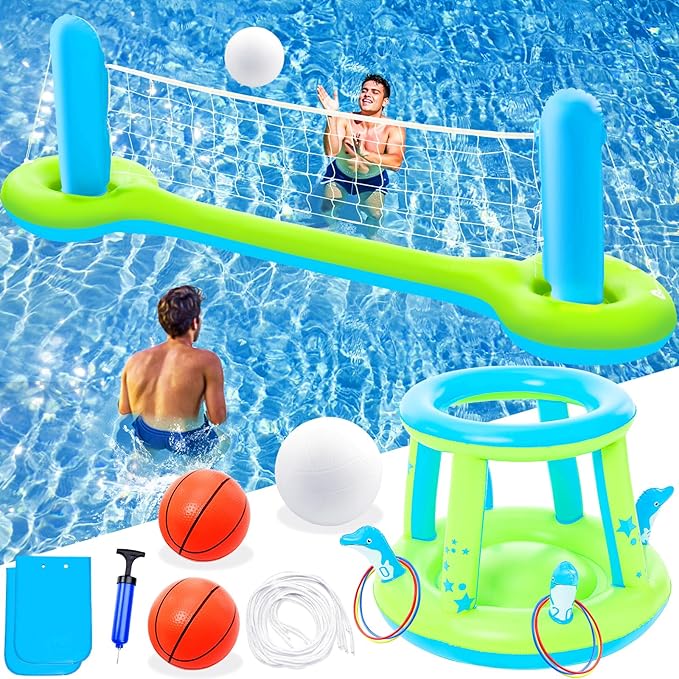 Jasonwell Pool Toys Games Set - 3 in 1 Pool Volleyball Net Basketball Hoop Ring Toss Game Inflatable Floats Water Floating Volleyball Swimming Pools Party Game Accessories Toy Gift Kids Teens Adults