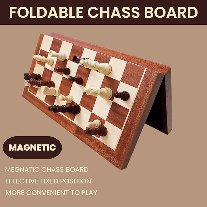 AS Chess Board for Adult | Wooden Walnut Chess & Checkers Set - Chess Board Game | Foldable -15 Inch - 2 Extra Queens | Magnetic Chess Game with Storage Slot | Travel Unique Portable (Sapele 15 inch)