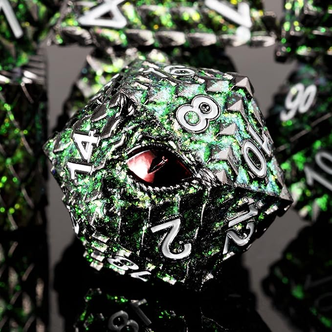 Metal Dice Set D&D,7 PCS Dragon Scale Metallic DND Dice Set,Dragon Eye Metal Dice with Grogeous Gift Case for Dungeons and Dragon Tabletop Game (Glitter Green Dragon Scale & Red Eye)