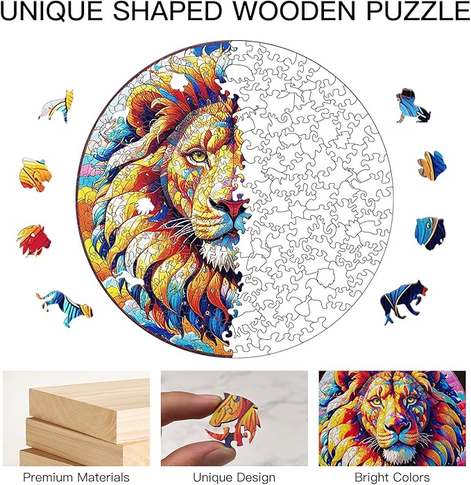 Wooden Puzzle for Adults – Unique Lion-Shaped Jigsaw, Animal Style Brain Teaser for Kids & Teens, 220 Pieces, 10"x10", Ships as Whole Puzzle Board (No Loose Pieces), Gift-Ready Box, Fun Family Game