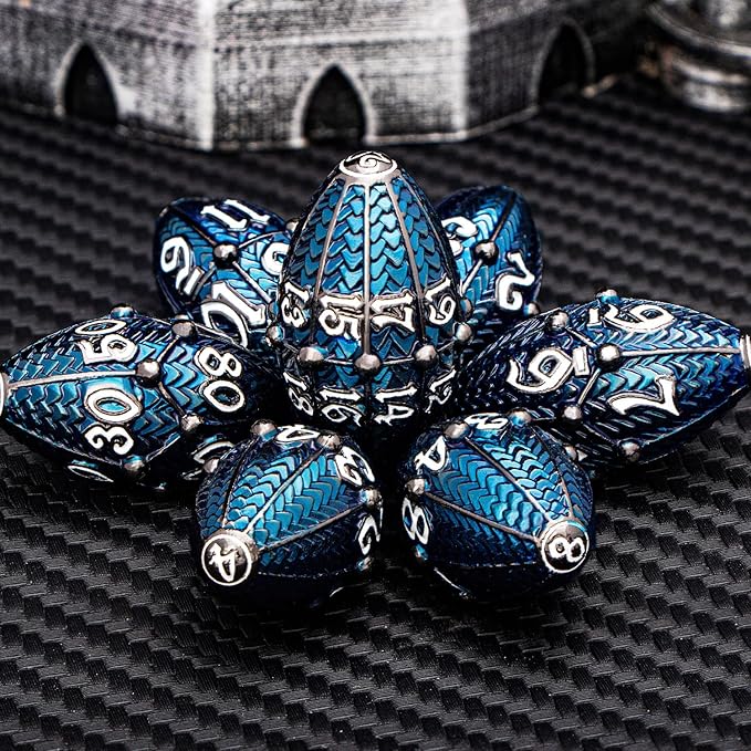 ARUOHHA DND Metal Dice Black Blue Dragon Egg Dice with Metal Box, Role Playing Game Polyhedral D and D Dice Set D20 D12 D10 D8 D6 D4