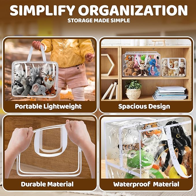 Honeyera Stuffed Animals Storage Bags with Zipper - Set of 2 with 1 Large Toy Storage Bag for Home Organization & 1 Portable Small Tote for Travel - Clear PVC Material for Easy Visibility & Organizin