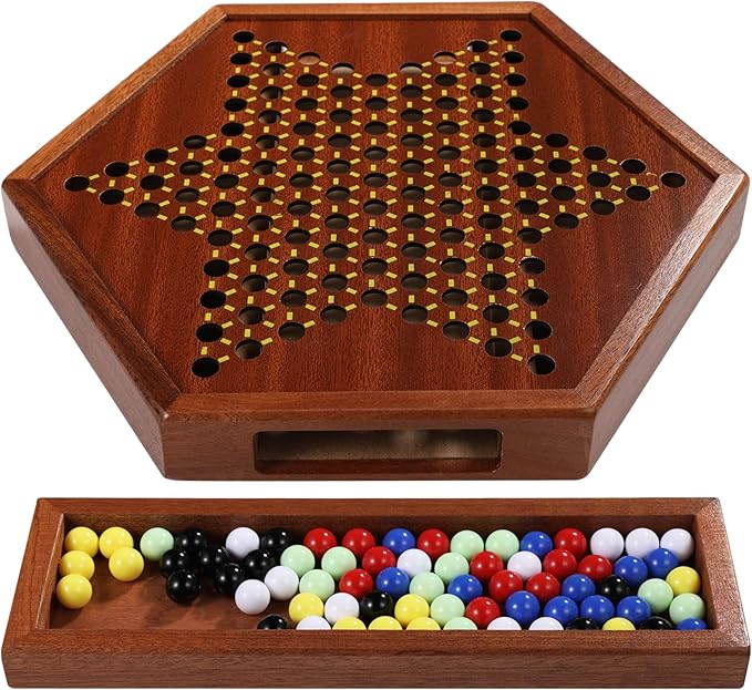 Chinese Checkers Board Game, 100% Natural Quality Wood 12-Inch Chinese Checker Board Game with 72 Marbles & Storage Drawer, Strategic Board Game Kit Birthday Gift