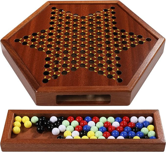 Chinese Checkers Board Game, 100% Natural Quality Wood 12-Inch Chinese Checker Board Game with 72 Marbles & Storage Drawer, Strategic Board Game Kit Birthday Gift