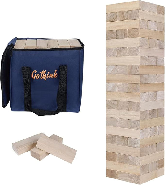 GOTHINK Giant Tumble Tower Game, Large Tumbling Tower Stack to Over 3.2 FT 60pcs Wooden Jumbo Blocks for Outside Yard Games with Carry Case Timber Stacking Game Night Toy Gift for Kids Adults Family