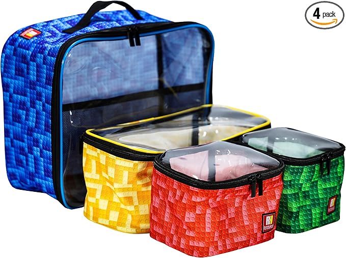 4-piece Kids Toy Storage Organizer Set Bag for Lego Building Bricks with See Through Clear TPU Top, Small Toy Packing Cube Bags, Clean Up Container case (grid pattern)