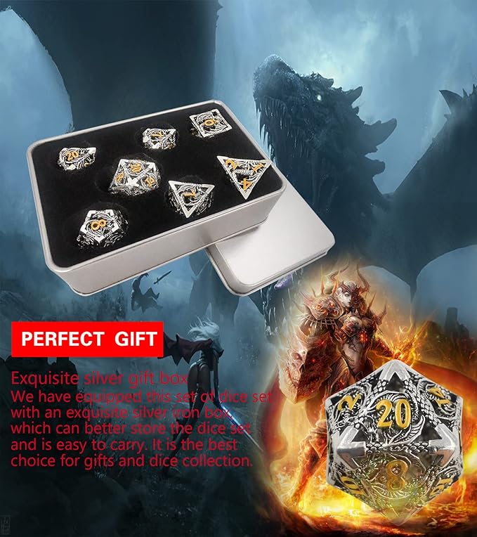 Metal DND Dice Set Dungeons and Dragon Dice Set Hollow Dragon Polyhedral Magic 7 PCS Dice Set with Gift Metal Box for Dungeons and Dragons Table Games Play Cards MTG(Dragon_Ancient Silver and Gold)
