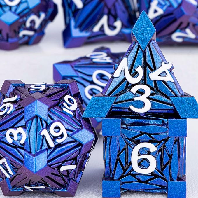 7PCS Metal DND Dice Set with Box, Debris RPG Blue White D and D Dice for D&D Tabletop Games Role Playing Game Polyhedral Dice Set D20 D12 D10 D8 D6 D4