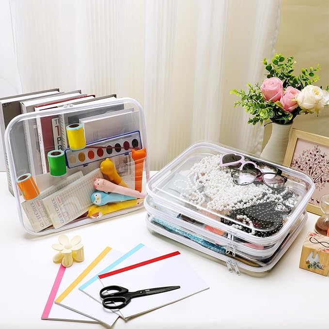 Hoolerry 4 Pcs Hard Clear Zipper Case Transparent Cases for Snacks Makeup Bag Plastic Storage Box Containers for Building Blocks, Puzzles, Cosmetics (White,13.8 x 11.8 x 2 in)