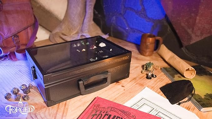 Forged Dice Co. Dice Display Case and Rolling Tray with 3 Removable Divided Dice Trays - Storage Box Holds up to 720 Metal or Plastic Polyhedral Dice Sets - Great for Dice Collectors or RPG D&D Games