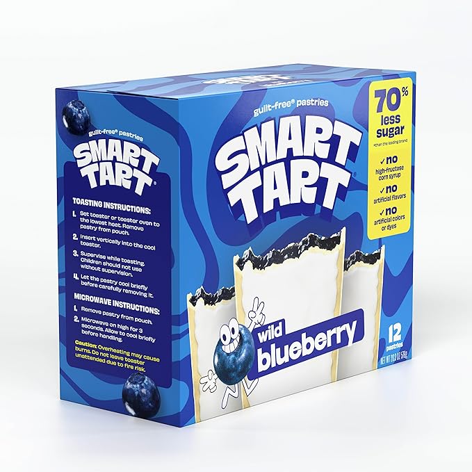 Smart Tart Toaster Pastries Wild Blueberry - Low Sugar Snacks, Healthy Breakfast Pastry, On the Go Snack, Real Fruit Filling - Only 6g Added Sugar - 36 Count