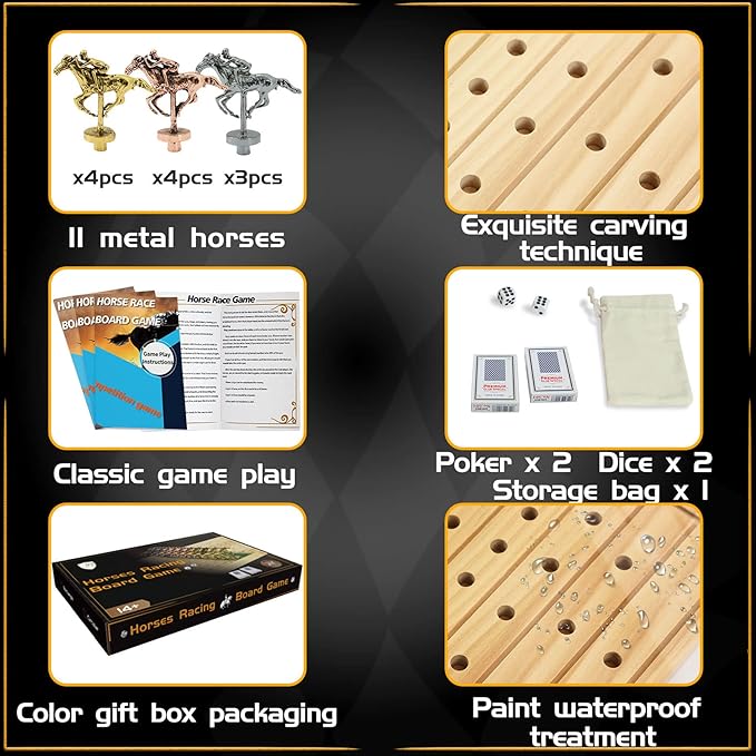 Horse Race Board Game Racing Game Thickened Solid Wood with 11 Luxurious Durable Classic Metal Horses with 4 Dice and 2 Boxes of Cards Horse Racing Game (Log Color, Oval)…
