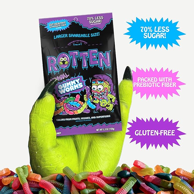 Rotten Original Gummy Worms - Low Sugar, Low Calorie, 7g Gut-Friendly Prebiotic Fiber and 3g Protein, Gluten Free Candy - 5.3 oz Share Pack [4 Pack]