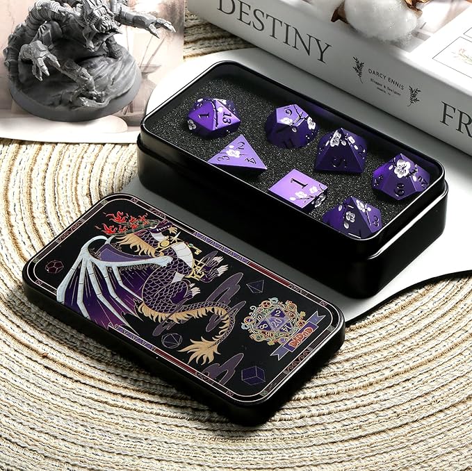 Matt Purple D&D Metal Dice, DNDND 7 PCS Heavy Metallic DND Dice Set with Gorgeous Gift Case for Dungeons and Dragon Tabletop Game (Matte Purple with White Flowers)
