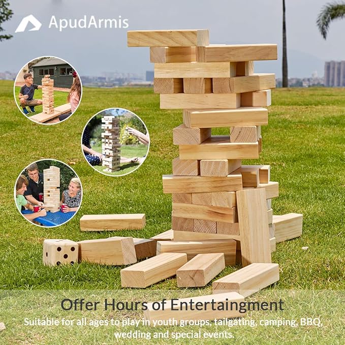 ApudArmis 60 PCS Giant Tumble Tower, (Stack up to 5Ft) Pine Wooden Stacking Timber Game with 1 Dice Set - Classic Block Giant Outdoor Game for Teens Adults Family