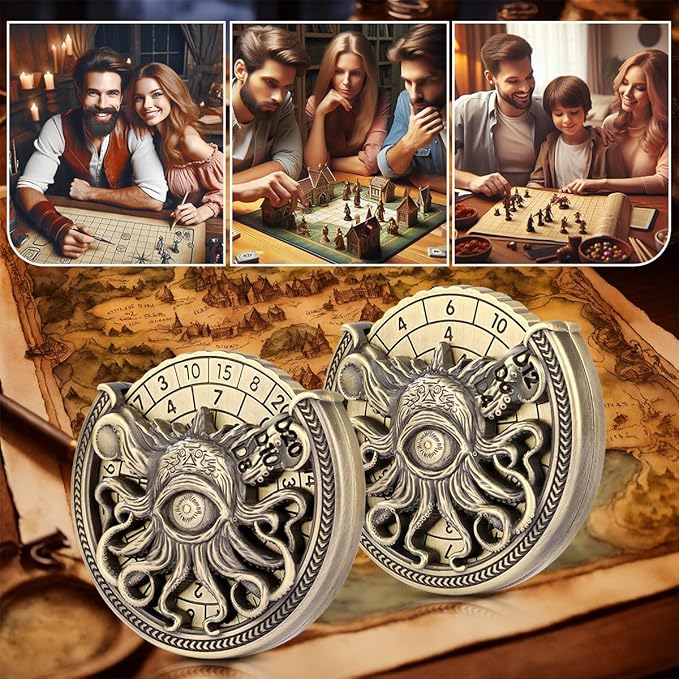 Spinner DND Dice Set, 7-in-1 Metallic D&D Dice, One-Eyed Octopus Roulette Dice Spinner for DND Dice Set, D&D Gifts with Gift Box, Role Playing Game Board Game Accessories, Bronze