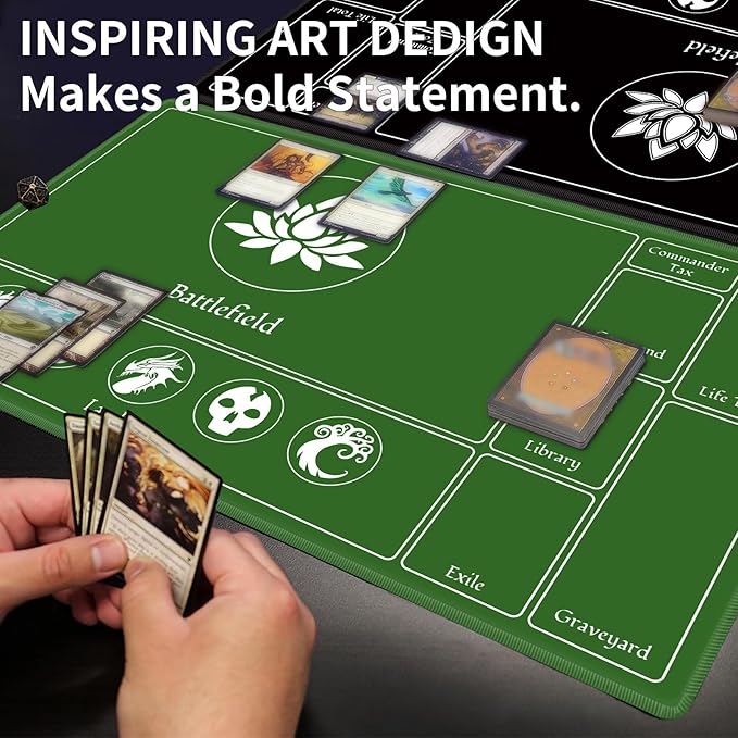 Card Playmat Stitched with Magic Zones, Game Mats Tabletop 24x14 inch for MTG/TCG Card Battles Commander Deck Gaming Desk Mat Duel Mat Card Gameplay Mats for Beginner (Black, Green, 2 Pack)