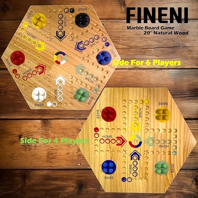 Wooden Board Games, Marble Board Game Original with Dual Sides Fast Track Games for 2 to 6 Players, Double Side Marble Boards, 6 Colors 30 Marbles and 6 Color 6 Dice, Pouch (20" Log)