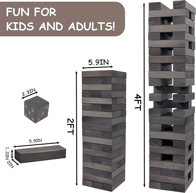 Juegoal 54 Pieces Giant Tumble Tower Blocks Game Giant Wood Stacking Game with 1 Dice Set, Gameboard, Canvas Bag for Adult, Kids, Family, Grey
